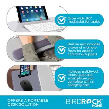 Sofia + Sam Multi-Tasking Lap Desk with Memory Foam Cushion - Tablet Slot, Phone Slot, USB Light, Built-in Handle & Wrist Rest, Fits Laptops Up to 15" - Home Office Solution - Silver