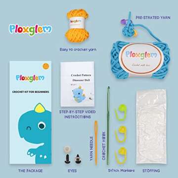 PLOXGLEM Crochet Kit for Beginners: DIY All in One Crochet Knitting Kit/Learn to Crochet Set for Adults and Kids with Easy to Crochet Yarn and Hook Step-by-Step Video Tutorials-Cute Dinosaur