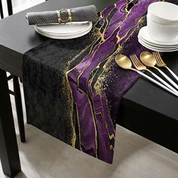 Marble Purple Table Runner-Cotton Linen-13x48 Inch Holiday Dresser Scarves, Abstract Modern Minimali...