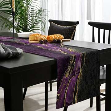 Marble Purple Table Runner-Cotton Linen-13x48 Inch Holiday Dresser Scarves, Abstract Modern Minimalist Black Gold Tablerunner for Kitchen Coffee/Dining Bedroom Home Living Room Dinner Scarf Décor