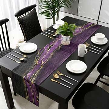 Marble Purple Table Runner-Cotton Linen-13x48 Inch Holiday Dresser Scarves, Abstract Modern Minimalist Black Gold Tablerunner for Kitchen Coffee/Dining Bedroom Home Living Room Dinner Scarf Décor