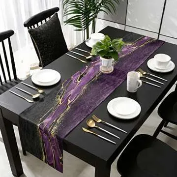 Marble Purple Table Runner-Cotton Linen-13x48 Inch Holiday Dresser Scarves, Abstract Modern Minimalist Black Gold Tablerunner for Kitchen Coffee/Dining Bedroom Home Living Room Dinner Scarf Décor