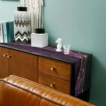 Marble Purple Table Runner-Cotton Linen-13x48 Inch Holiday Dresser Scarves, Abstract Modern Minimalist Black Gold Tablerunner for Kitchen Coffee/Dining Bedroom Home Living Room Dinner Scarf Décor