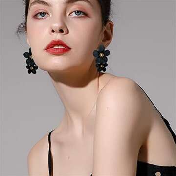 ANDPAI Unique Handmade Bohemian Large Matte Double Yellow Flower Dangle Drop Earrings White Metal floral Stud Earrings For Women Statement Wedding Holiday Jewelry Gifts (Black)