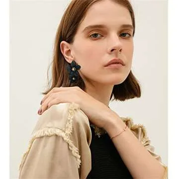 ANDPAI Unique Handmade Bohemian Large Matte Double Yellow Flower Dangle Drop Earrings White Metal floral Stud Earrings For Women Statement Wedding Holiday Jewelry Gifts (Black)