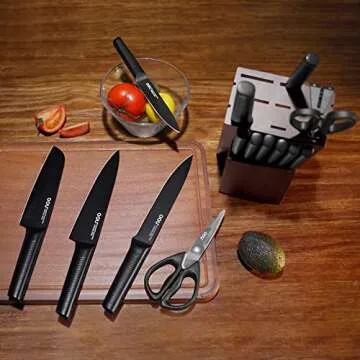 OOU Kitchen Knife Block Set - 15 Pieces with Built-in Sharpener