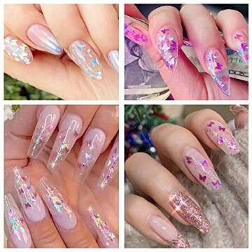 Biutee Nail Art Glitter Sequins 4 Boxes Nail Glitter Powder 3D Butterfly Star Heart Horse Eye Shape Colorful Laser Acrylic Paillettes for Nail Art DIY Eye Makeup Sequins Lip Gloss Decorations