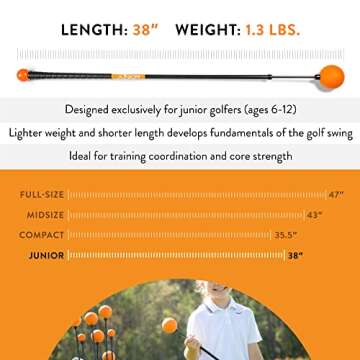 Orange Whip Junior Golf Swing Trainer Aid for Improved Rhythm, Flexibility, Balance, Tempo, Swing Plane, and Strength, Patented and Made in USA, 38"