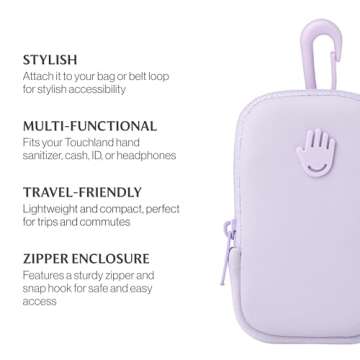 Touchland Touchette Zippered Pouch, Attachable Fashion Accessory with Snap Hook Hand Sanitizers 1FL. OZ., Lilac