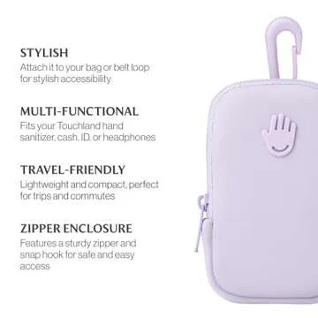 Touchland Touchette Zippered Pouch, Attachable Fashion Accessory with Snap Hook Hand Sanitizers 1FL. OZ., Lilac