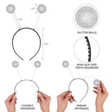 Funcredible Silver Alien Headbands and Glitter - Sparkly Costume Accessories for All Ages