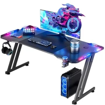 HLDIRECT 47 Inch Gaming Desk with LED Lights Carbon Fibre Surface