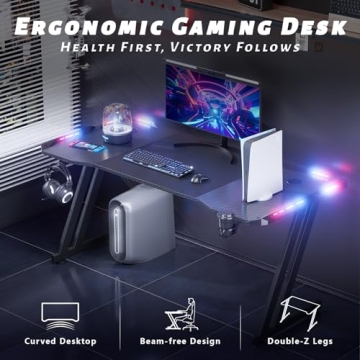 HLDIRECT 47 Inch Gaming Desk with LED Lights and Ergonomic Design