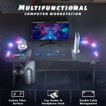 HLDIRECT 47 Inch Gaming Desk with LED Lights and Ergonomic Design