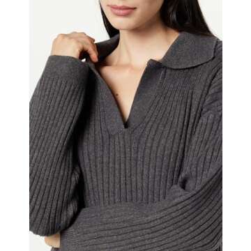 The Drop Women's Marcy Ribbed Collar Relaxed Pullover, Charcoal, S