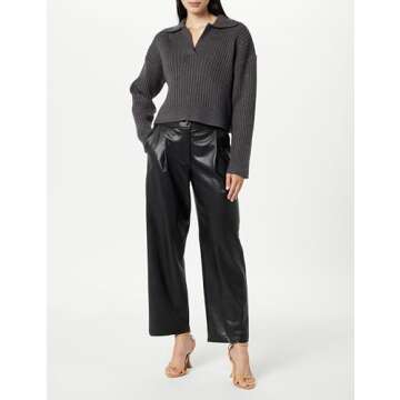 The Drop Women's Marcy Ribbed Collar Relaxed Pullover, Charcoal, S