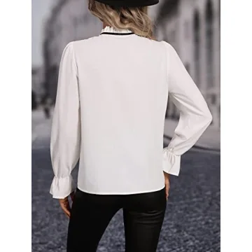 MakeMeChic Women's Elegant Solid Frill Trim Tie Neck Long Flounce Sleeve Blouse Shirt Work Tops White M