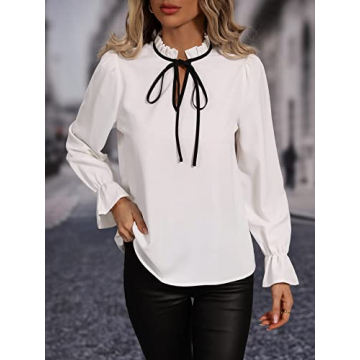 MakeMeChic Women's Elegant Solid Frill Trim Tie Neck Long Flounce Sleeve Blouse Shirt Work Tops White M