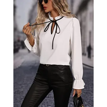 MakeMeChic Women's Elegant Solid Frill Trim Tie Neck Long Flounce Sleeve Blouse Shirt Work Tops White M