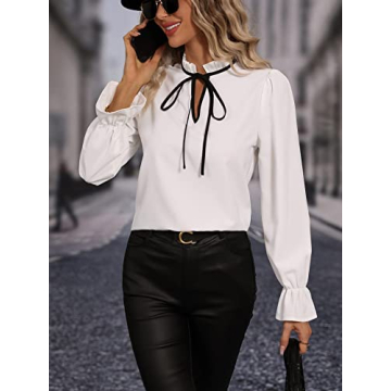 MakeMeChic Women's Elegant Solid Frill Trim Tie Neck Long Flounce Sleeve Blouse Shirt Work Tops White M