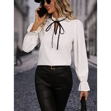 MakeMeChic Women's Elegant Solid Frill Trim Tie Neck Long Flounce Sleeve Blouse Shirt Work Tops White M