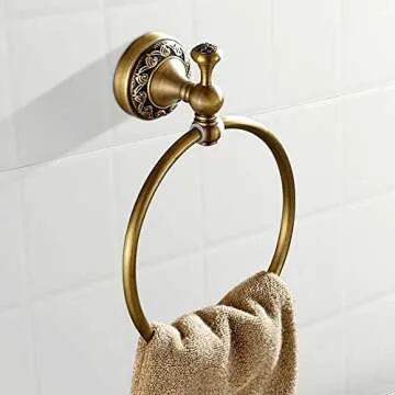 Leyden Brass Towel Ring, Antique Retro Round Towel Holder, Wall Mounted Bath Hand Towel Rack Rail Bathroom Hardware Classical Ancient Wave Pattern Base