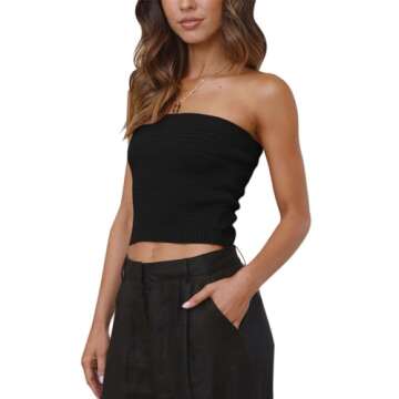 BZB Women Tube Crop Tops Summer Strapless Cute Ribbed Bandeau Tank Tops (Black, Large)