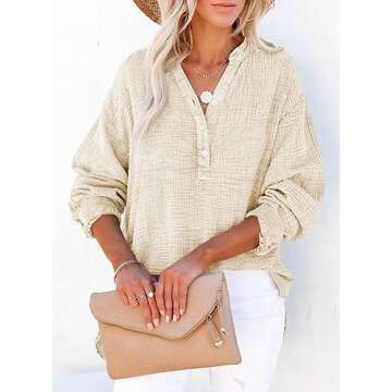 Dokotoo Womens Summer Tops Button V Neck Long Sleeve Shirts for Women Cotton Solid Dressy Casual Blouses Side Slit Tops Cotton Tops Resort Wear for Women Tunics M Apricot