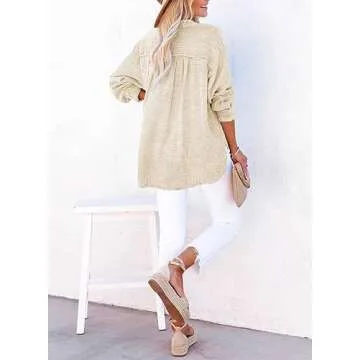 Dokotoo Women's V Neck Long Sleeve Cotton Tops - Stylish Comfort