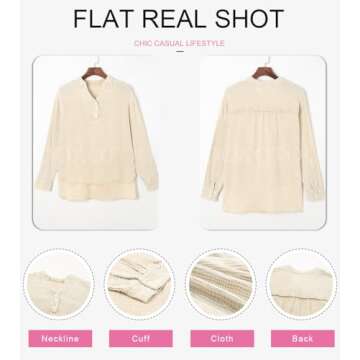 Dokotoo Womens Summer Tops Button V Neck Long Sleeve Shirts for Women Cotton Solid Dressy Casual Blouses Side Slit Tops Cotton Tops Resort Wear for Women Tunics M Apricot