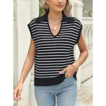 LILLUSORY Women's V Neck Cap Sleeve Sweater Vest Sleeveless Collared Striped Knit Tank Tops 2025 Cas...