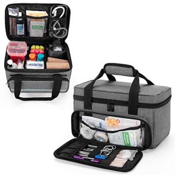 CURMIO Small First Aid Bag Empty, Family First Aid Kit Case, Medicine Storage Organizer Box for Home and Travel, Gray (Patent Pending)