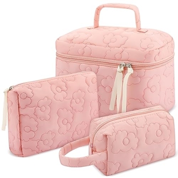 Paterr 3 Pieces Cotton Quilted Makeup Bag Set Coquette Cosmetic Bag Aesthetic Travel Toiletry Bags C...