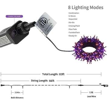HOME LIGHTING Halloween Lights, 66FT 200 LED Plug in Green Wire String Light, 8 Lighting Modes Waterproof Fairy Mini Lights for Indoor Outdoor Christmas Wedding Party Decorations (Orange & Purple)