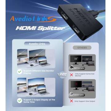 avedio links HDMI Splitter 4K@60Hz, HDMI Splitter 1 in 2 Out, HDMI Splitter for 2 Same Screen Only Mirror Screens, Support 3D Dol-by Vision Atmos HDMI2.0b, HDCP2.2, 18.5Gbps, Auto Scaling,FullHD 1080P