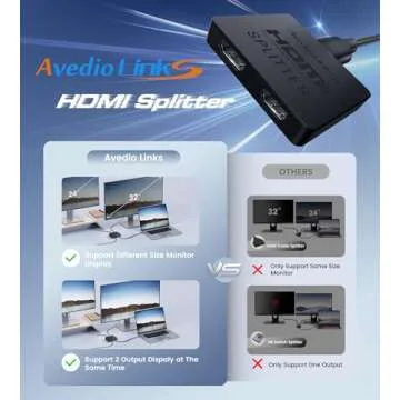 avedio links HDMI Splitter 4K@60Hz, HDMI Splitter 1 in 2 Out, HDMI Splitter for 2 Same Screen Only Mirror Screens, Support 3D Dol-by Vision Atmos HDMI2.0b, HDCP2.2, 18.5Gbps, Auto Scaling,FullHD 1080P