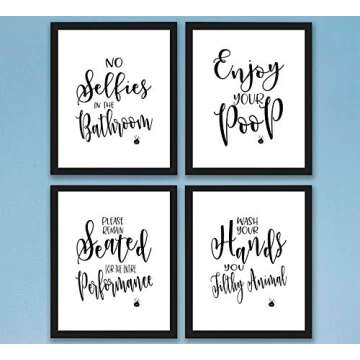 TheNameStore Bathroom Quotes and Sayings Bathroom Prints - Set of 4 Funny Wall Art & Decor for Restroom, 8x10 Unframed Pictures with Humorous Quotes, Perfect for Kids & Adults Bathroom Decoration