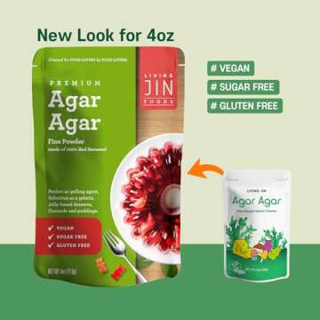 LIVING JIN Agar Agar Powder, 4 oz. Plant-Based Gelatin Powder, Vegan Agar Agar, Vegan Jello, Sugar-Free, 100% Natural Red Algae