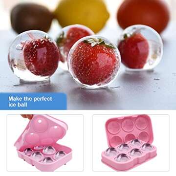 Silicone Round Ice Cube Tray Bourbon Ice Cube Molds Ice Ball Maker Mold with Lid Big Ice Cubes for Whiskey Cocktails Bourbon 6-Cavity Sphere Ice Mold Ball Maker (Light Pink Round, 1 pack)
