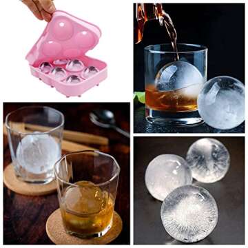 Silicone Round Ice Cube Tray Bourbon Ice Cube Molds Ice Ball Maker Mold with Lid Big Ice Cubes for Whiskey Cocktails Bourbon 6-Cavity Sphere Ice Mold Ball Maker (Light Pink Round, 1 pack)
