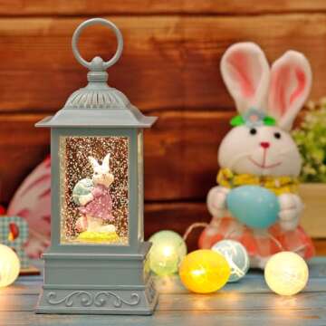 Easter Bunny Lighted Snow Globe Lantern, Easter Decorations Spring Snow Globe with Swirling Glitter,...