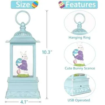 Easter Bunny Lighted Snow Globe Lantern, Easter Decorations Spring Snow Globe with Swirling Glitter, Spring Holiday Easter Decor for Home Tabletop Decorations (Easter Bunny and Eggs)