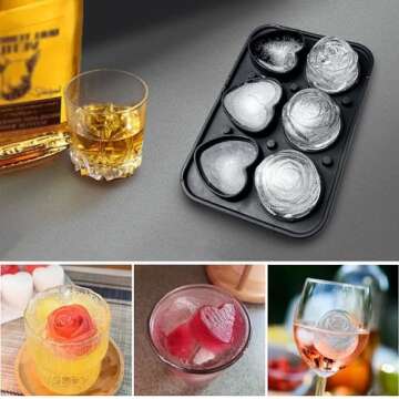 Rose Ice Cube Mold, Heart Shapes Ice Cube Tray, Silicone Ice Mold Fun Shapes with Clear Funnel-type Lid, 3 Heart & 3 Rose Ice Balls for Chilling Whiskey Cocktails Drinks, Pink