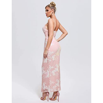 Pink Midi Lace Dress High Slit Floral Prom Dress