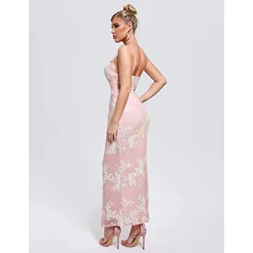 Pink Midi Lace Dress High Slit Floral Prom Dress