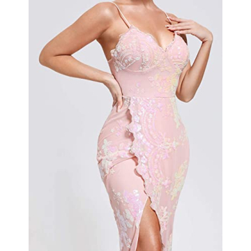 Pink Midi Lace Dress High Slit Floral Prom Dress