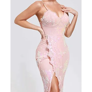 Pink Midi Lace Dress High Slit Floral Prom Dress