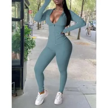 UOUA Two Piece Outfits Women Tracksuit Sets Long Sleeve Zip Up Jacket & Leggings for Gym Workout Set GreyBlue 2XL