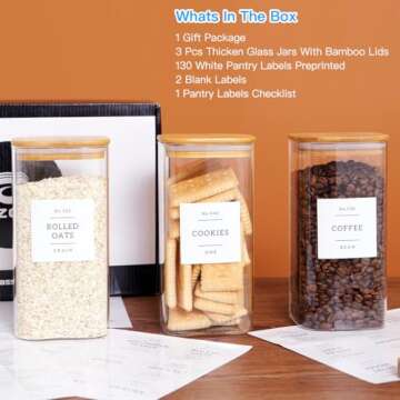 CZZGSM 3 Pack Square Glass Kitchen Storage Jars with Airtight Bamboo Lids and 132 Pantry Labels - 54...