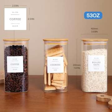 CZZGSM 3 Pack Square Glass Kitchen Storage Jars with Airtight Bamboo Lids and 132 Pantry Labels - 54oz Glass Canisters with Wood Lids - Glass Food Storage Containers for Sugar, Rice, Pasta, Cereal